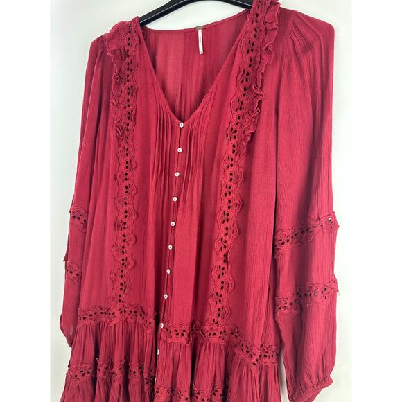 Free People Snow Angel Mini Dress XS Burgundy Feminine Boho Romantic Ethereal - Picture 5 of 15